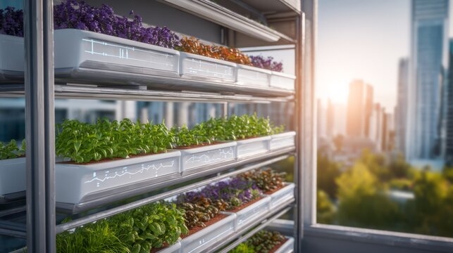 Indoor Hydroponic Garden with Fresh Herbs and Vegetables at Sunset