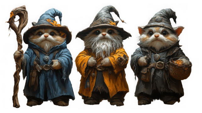 Three adorable kittens dressed as wizards, one holding a staff, isolated on transparent background each kitten has a unique robe and hat, showcasing their magical attire