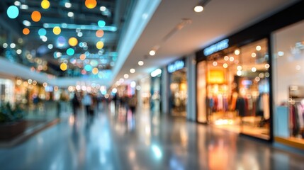 Defocused department store scene, abstract blur with colorful bokeh, bright modern shopping mall, smooth soft focus, wide empty area for advertising or website content.