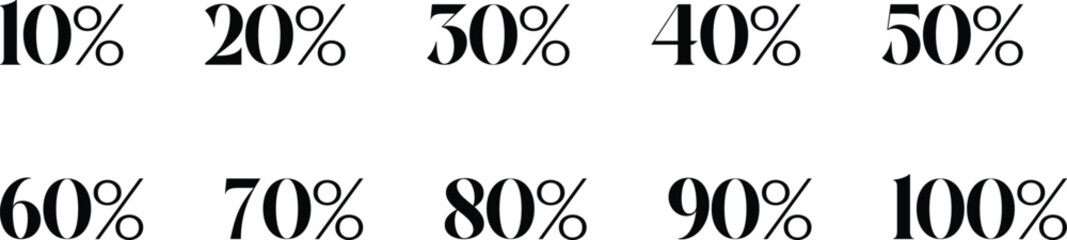 Black percentage numbers from 10% to 100%, displayed in bold serif font. Arranged in two rows, each increasing by 10. Ideal for progress, discounts, or statistics visuals.