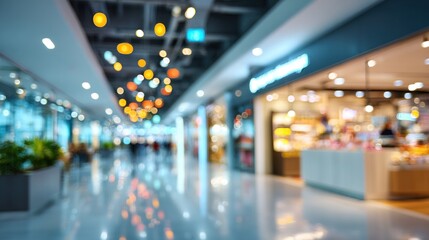 Defocused department store scene, abstract blur with colorful bokeh, bright modern shopping mall, smooth soft focus, wide empty area for advertising or website content.