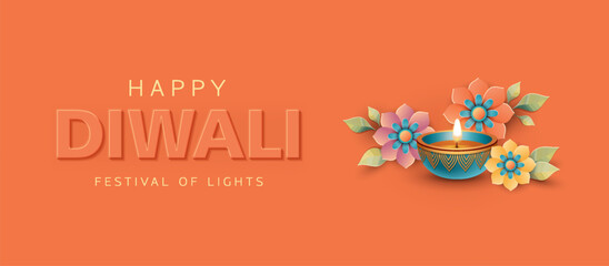 Hindi Diwali greeting horizontal banner. Celebrating minimalistic card of the Indian festival of lights Diwali