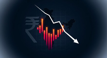 Economic downturn and financial crisis in the Indian market with falling graph and rupee currency symbol on dark background, representing investment loss and recession