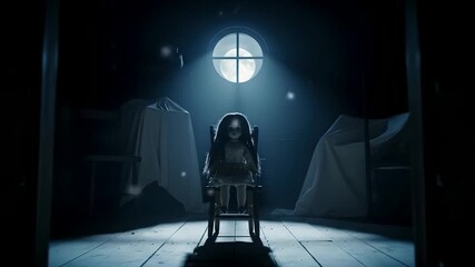 Creepy doll in attic, moonlight, chilling atmosphere. Use for horror film, Halloween event, haunted house, gothic novel trailers, scary game design, mysterious thriller projects. Spooky! - Powered by Adobe