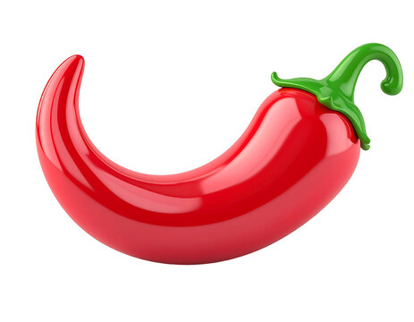 3D plastic cartoon style chili pepper icon, glossy red curved pepper with shiny green png