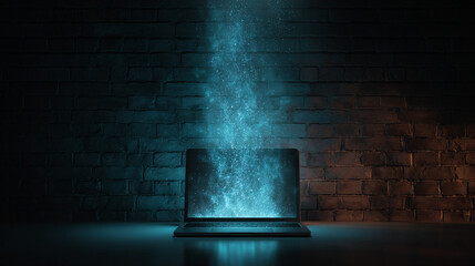 Glowing Holographic Firewall Concept Emerging from Laptop Against Dark Brick Wall Background