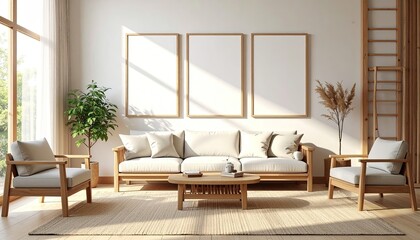 Modern minimalist living room with light wood accents