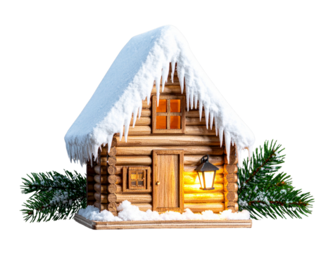Vintage Wooden Cabin Model with Snowy Winter Theme