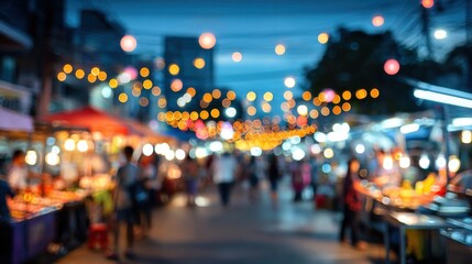 Fototapeta premium Defocused Hua Hin night market scene, abstract blur with colorful bokeh lights, busy market stalls, soft focus, large empty space for advertising or website content.