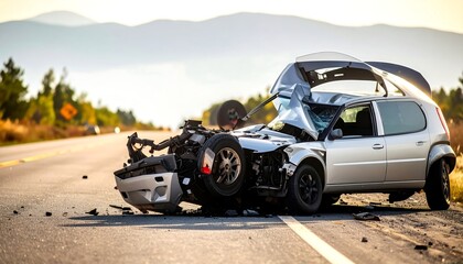 A severely damaged silver car after a collision on a highway