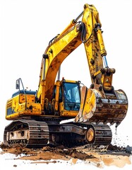 Yellow excavator on tracks, detailed illustration