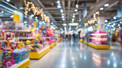 Fototapeta premium Defocused kids’ toy section in department store, abstract blur with colorful toy displays, soft bokeh, bright modern retail interior, large empty space for advertising or website content.