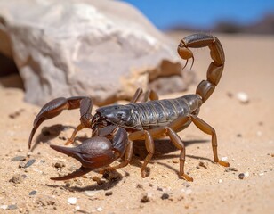 A large brown scorpion on light-brown sand near a rock