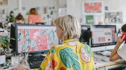 Creative designer workspace with vibrant abstract art on computer screen in modern office