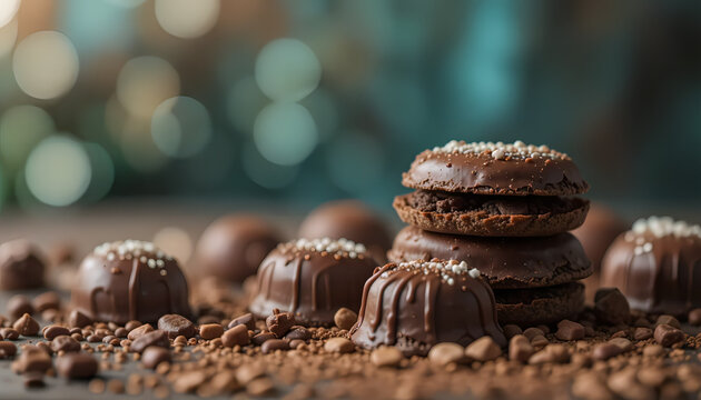 A stack of chocolate macarons surrounded by truffles and coffee beans on a blurred, bokeh background. The scene is rich and indulgent.