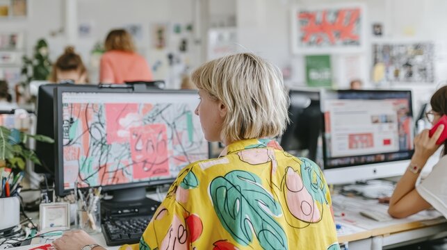 Creative designer workspace with vibrant abstract art on computer screen in modern office