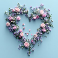 Heart-shaped floral arrangement on a light blue background.  Delicate pink and light purple flowers and foliage create a heart shape