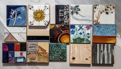 Collection of diverse, small ceramic tiles
