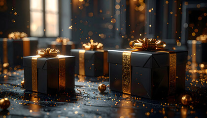 black presents gifts with golden bows black friday background