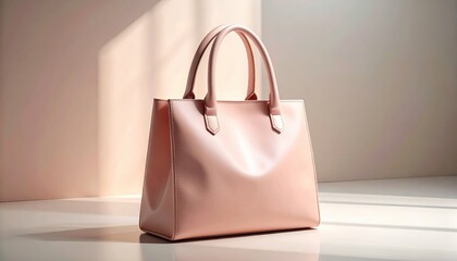 A stylish, light pink tote bag sits elegantly on a white surface, showcasing a smooth texture and simple design.