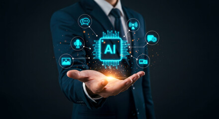 Obraz premium Businessman Presenting AI Technology with Industry Icons