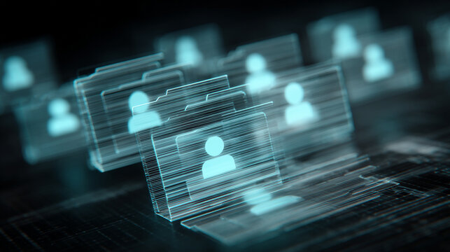 Conceptual Illustration of Pseudonymization Process in Data Management Workflow Featuring Layered Digital Folders and Abstract User Icons