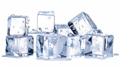 Clear ice cubes, wet and piled