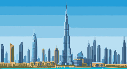 Obraz premium Stylized Digital Illustration of a Modern Metropolis Skyline by the Water