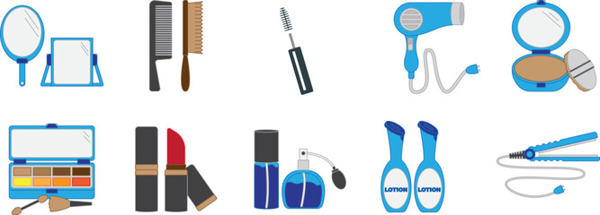 Elegant collection of beauty icons vector set, featuring cosmetics, skincare, makeup tools, and salon elements. Ideal for beauty brands, fashion design, spa logos, and cosmetic illustrations.