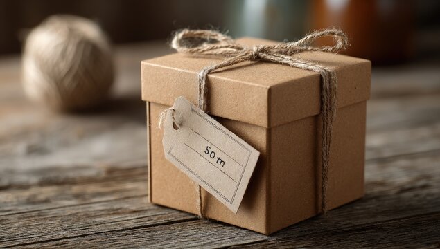 Rustic kraft gift box tied with twine, a tag