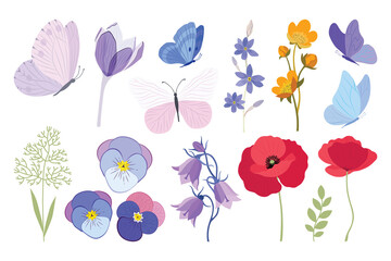 Summer meadow flowers. Poppy flowers. Pink, red, blue, green colors. Flower illustrations, summer field, butterflies. Herbal decoration, romantic wildflowers, kitchen towel, tablecloth, dress for girl