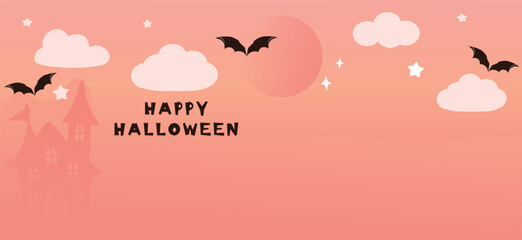 Happy Halloween wallpaper with moon, bat cartoon, star, cloud and castle on pink sky background vector.