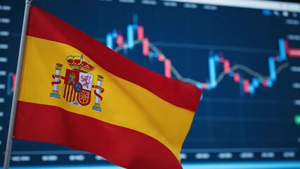 Spanish Flag Waving Over Stock Market Chart Display. - Powered by Adobe