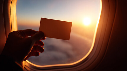 Traveler Holding Blank Boarding Pass Near Airplane Window During Sunrise with Serene Sky in Background