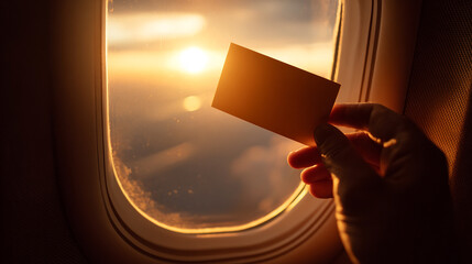 Traveler Holding Blank Boarding Pass Near Airplane Window with Sunset Light Streaming Through Glass