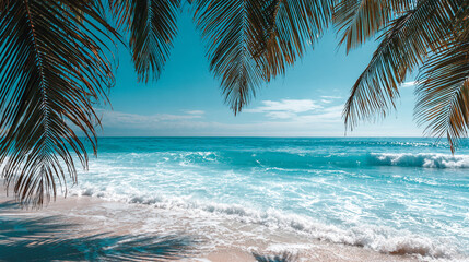 Tropical Beach Scene Framed with Lush Palm Fronds and Clean Horizon under a Clear Blue Sky with Gentle Waves Lapping the Shore