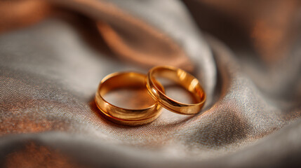 Elegant Wedding Rings Placed on Luxurious Satin Fabric with Soft Bokeh Effect, Symbolizing Love and Commitment in a Serene Setting