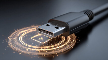USB Cable with Lock Icon and Glow Effect, Plugged into a Generic Port on a Sleek Dark Surface