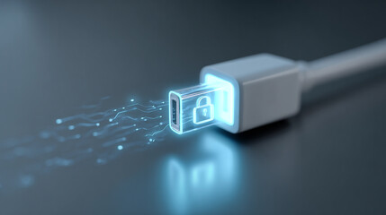 USB Cable Connected to Port with Lock Icon Illustrating Data Security and Transfer in a Modern Digital Environment