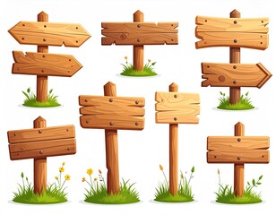 Wooden signs on posts in grass