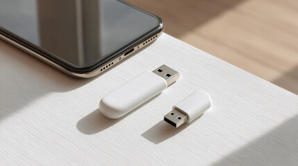 USB Data Blocker and Unused Dongles Placed Next to Smartphone on Wooden Surface