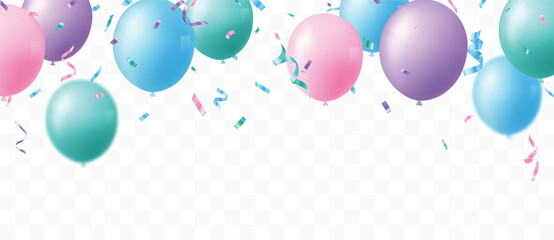 Celebrations banner with pink, blue, green, and purple pastel balloons and confetti