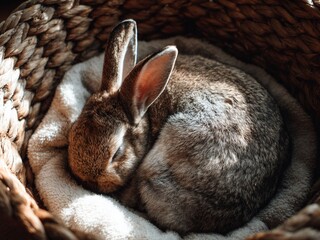 Naklejka premium バスケットで丸く眠るかわいいうさぎ