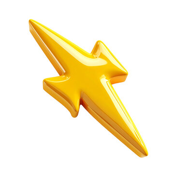 3D plastic cartoon style lightning bolt icon, glossy yellow plastic with shiny on transparent background and white background 