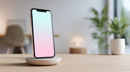 Vertical Smartphone on Wireless Charger with Blank Screen and Soft Background for Modern Tech and Lifestyle Concepts