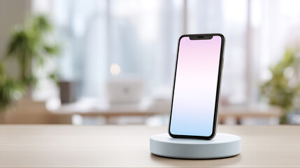 Vertical Smartphone on Wireless Charger with Blank Screen in Modern Office Setting Surrounded by Natural Light and Greenery