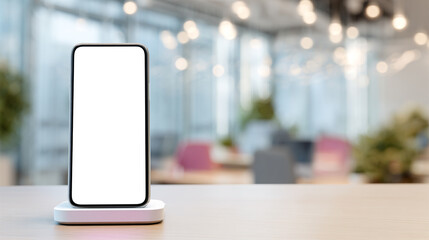 Vertical Smartphone Positioned on Wireless Charger with Blank Screen in Modern Workspace Setting