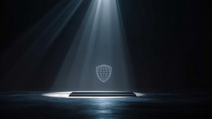 Futuristic VPN Concept with 3D Globe and Shield Above Tablet in Dark Room Illuminated by Ray of Light