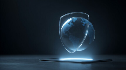 Innovative Digital Shield Concept with Globe Over Tablet, Representing Global Connectivity and Online Security Solutions