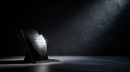 Modern Concept of Digital Protection with a Shield Icon on a Tablet Against a Dark Background Representing Cybersecurity and VPN Services